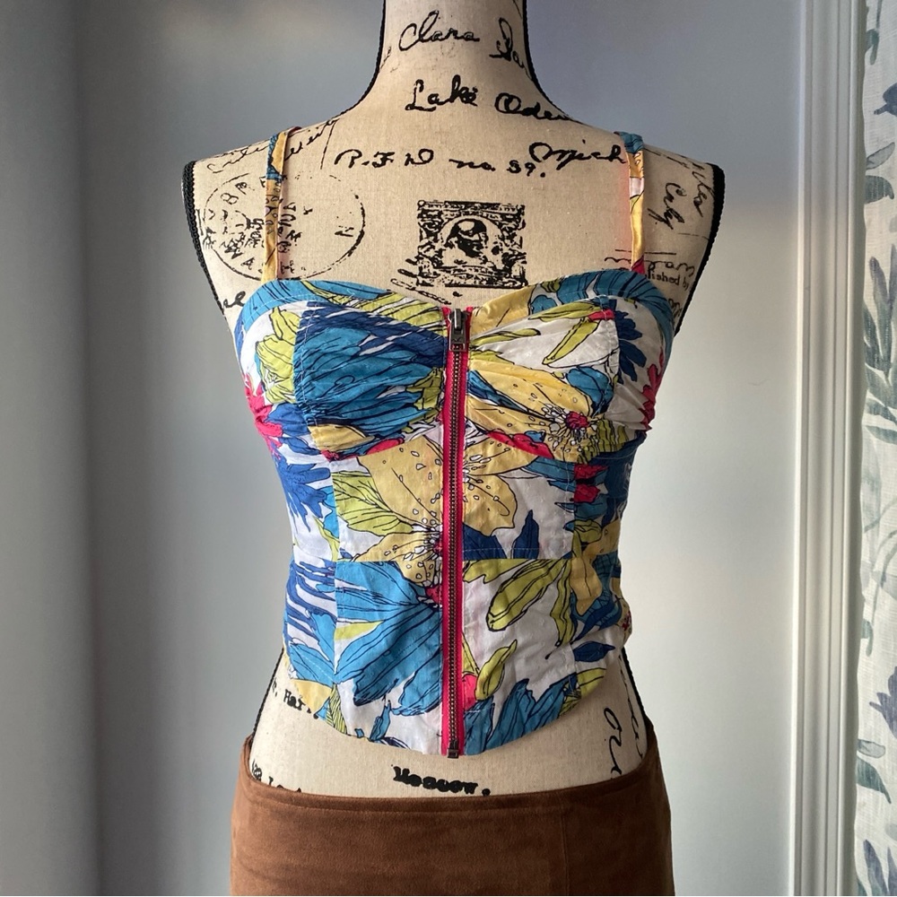 Y2K Hollister Zip Up Corset style Floral Hibiscus Print Tank Top Size xs